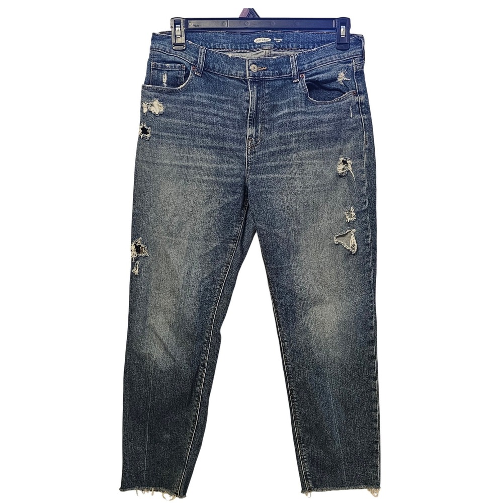 Old Navy Womens Boyfriend Mid Rise Distressed Jeans Medium Wash Size 10 Raw Hem